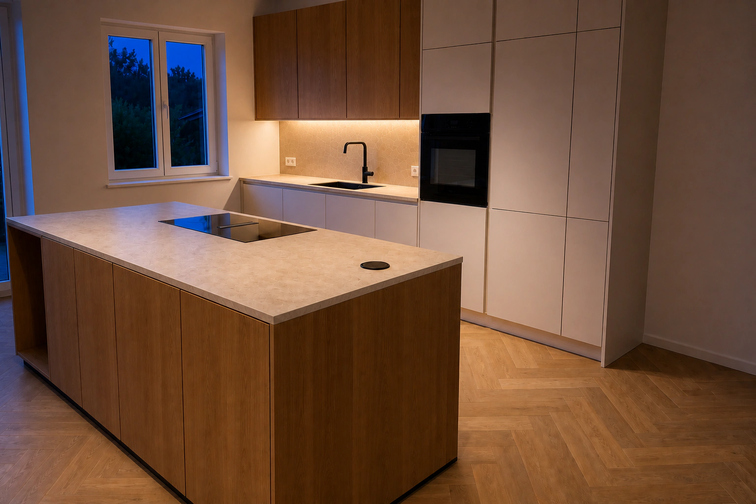 La misma cocina moderna con una elegante iluminación nocturna
