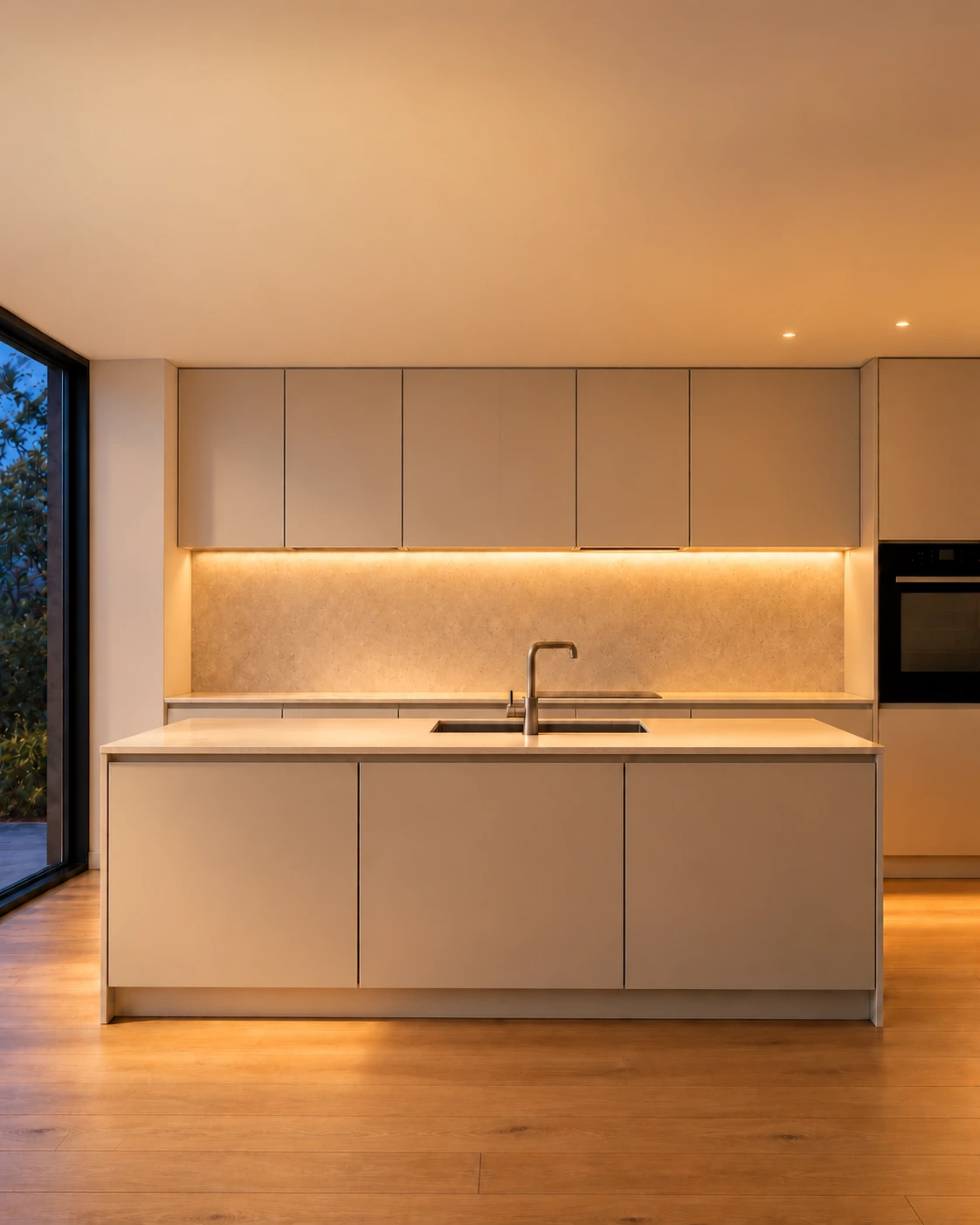 The same kitchen in a warm lighting mood, without text overlays.