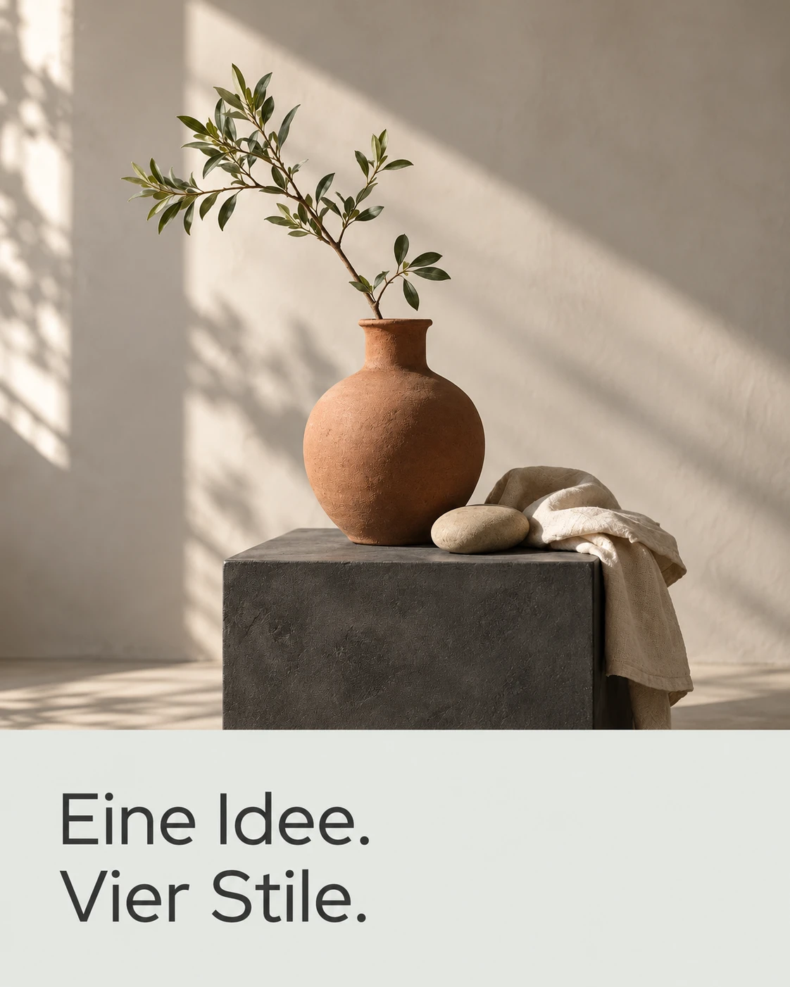 Minimalist style with a quiet still life, generous whitespace and restrained typography.