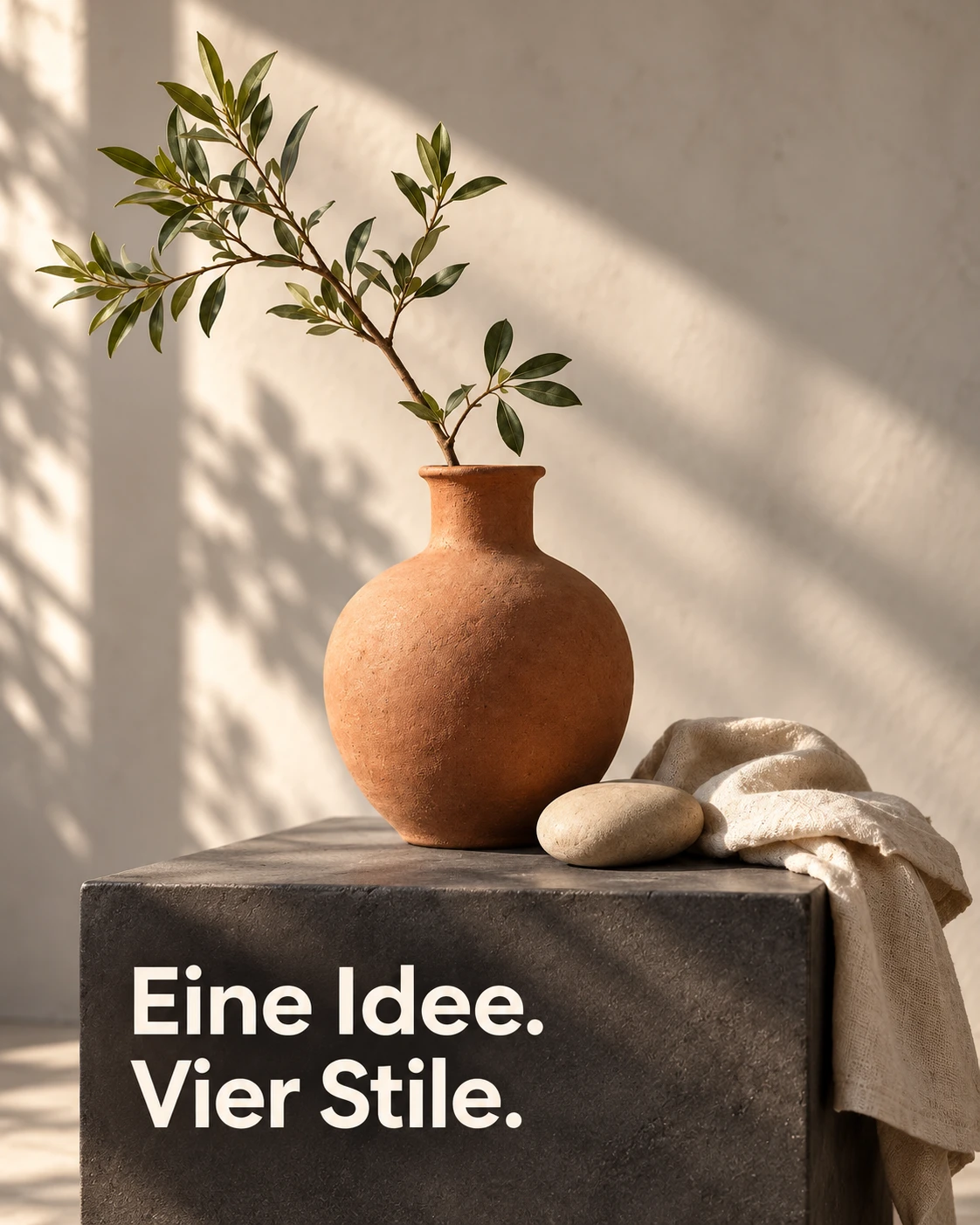 Photo-led style with a full-image still life and a white headline over the photograph.